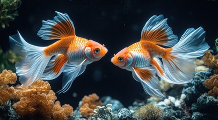 Fototapeta premium Two orange and white fantail goldfish facing each other in an aquarium with coral.