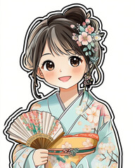 Obraz premium A cheerful girl wearing a light pastel-colored kimono decorated with cherry blossom patterns, holding a small fan and has a gentle smile, with delicate floral accents on her outfit
