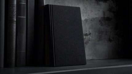 Black plain book mockup cover no text on bookshelf, dark background