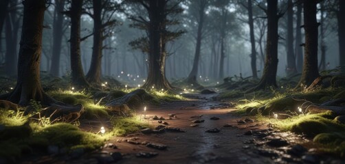 Fototapeta premium Dark wooden forest floor with mossy trees and twinkle lights, ambient , twinkling lights