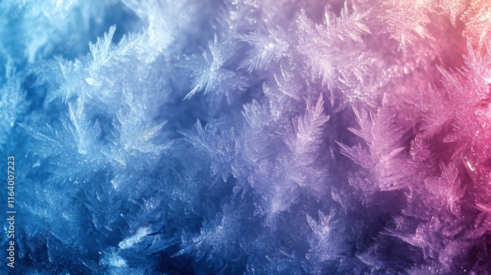 Poster a close-up of intricate frost patterns showcasing a blend of blue and pink hues.