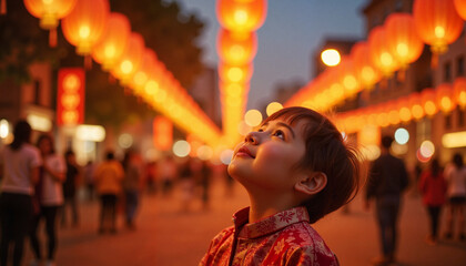 Obraz premium Child looking up at lanterns during festive evening celebration