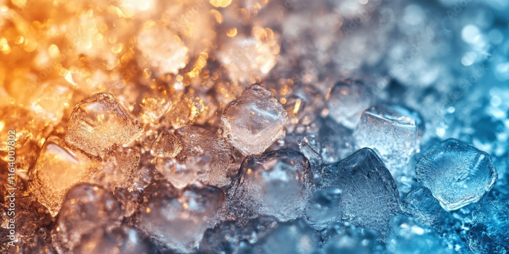 Poster close-up of ice cubes with contrasting warm and cool tones.