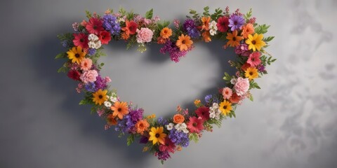 Delicate heart shape made of colorful flowers and leaves ,  watercolor illustrations,  nature inspired designs,  whimsical illustrations