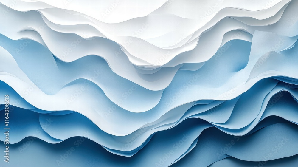 Poster Abstract layered paper design in shades of blue and white, creating a wave-like effect.