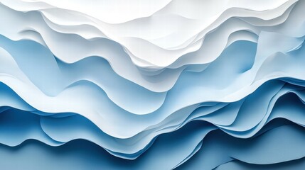 Obraz premium Abstract layered paper design in shades of blue and white, creating a wave-like effect.