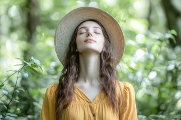 Young Woman with Hat Enjoying Nature in Lush Green Forest with Peaceful Expression