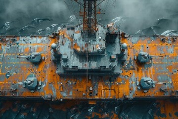 Abandoned military ship in the smoke. Concept of war and war.