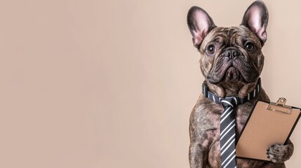 French bulldog in a striped tie presents a clipboard on a beige minimalist background