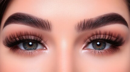 Fototapeta premium Close-up of Beautiful Woman's Eyes with Long Lashes and Well-Defined Eyebrows