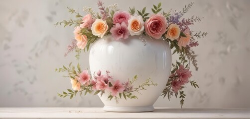 Delicate watercolor floral wreath surrounding a beautiful vase,  floral wreath,  floral design