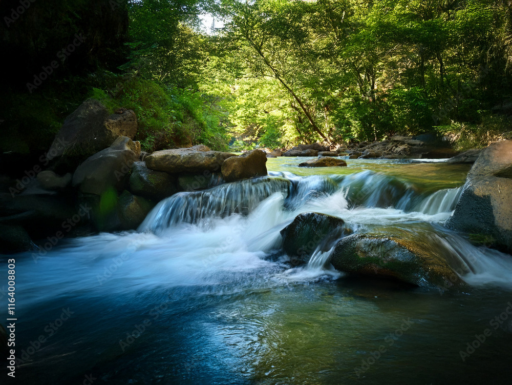 Aufkleber serene stream flows over smooth rocks, creating small waterfalls. lush green foliage frames the tran