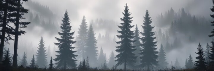 Dense fog envelops towering fir trees in a mystical forest landscape,  forest,  retro,  atmosphere