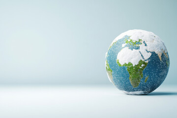 Fototapeta premium shimmering Earth globe with frozen lands, showcasing snowy regions and vibrant green areas, evokes sense of wonder and beauty