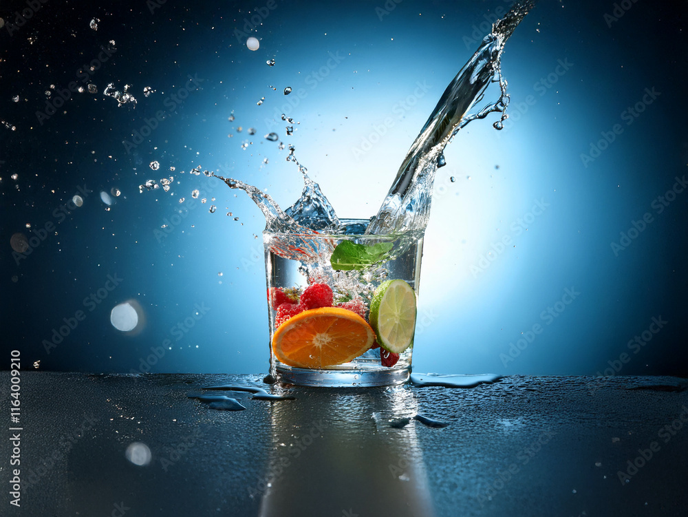 Aufkleber refreshing fruit-infused water splashes dramatically in a glass, creating a vibrant, dynamic scene a