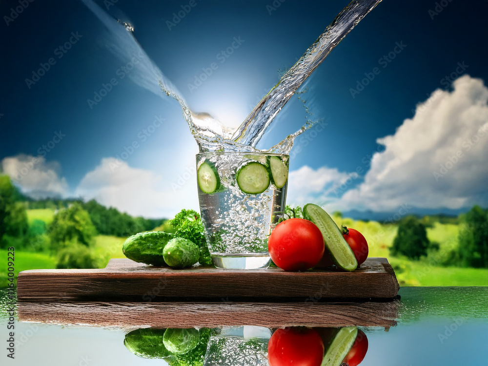 Poster refreshing water pours into a glass with cucumber slices, alongside tomatoes and cucumbers on a wood