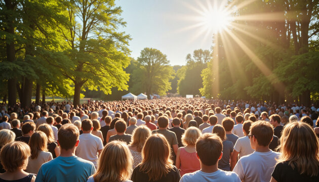 Crowd of people enjoying an outdoor event in a sunlit park