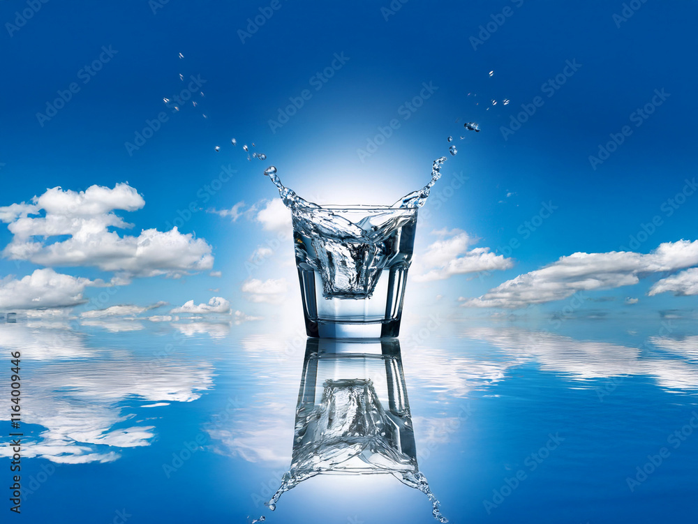 Aufkleber a glass of water with a splash sits on a reflective surface mirroring a bright blue sky with fluffy 