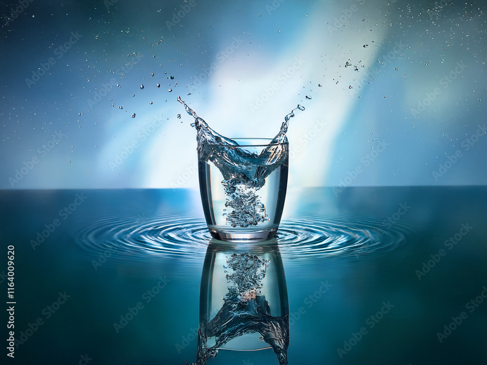 Aufkleber a glass of water with ice cubes, splashing dynamically, is reflected on a dark blue, watery surface.