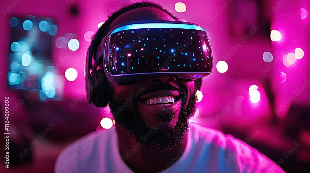 Aufkleber man enjoying virtual reality with colorful lights.