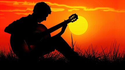 Silhouette of a Young Man Playing Guitar Against a Sunset Background