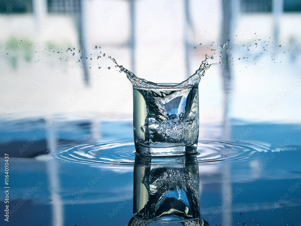 Poster a glass of water sits on a reflective surface, water splashing as it's poured. the background is blu