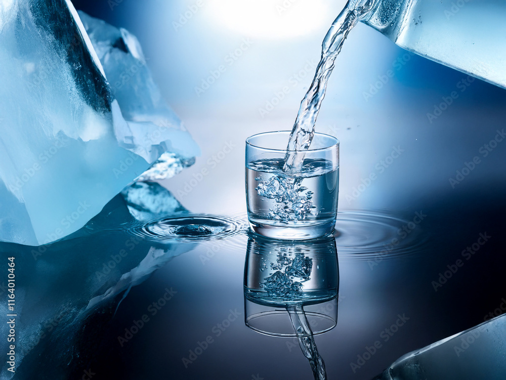 Leinwandbilder Clear water pours from a pitcher into a glass sitting on a reflective surface next to a melting ice cube.  The scene is cool and refreshing.
