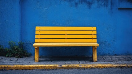 A vibrant yellow bench against a blue wall, inviting rest and relaxation in a colorful setting.