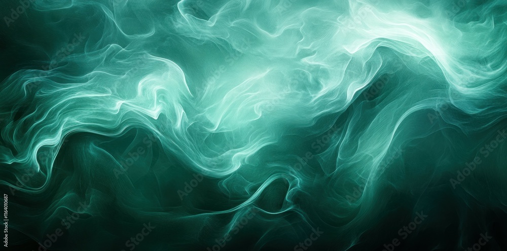 Poster abstract swirling patterns in shades of teal and white, evoking a sense of fluidity and movement.