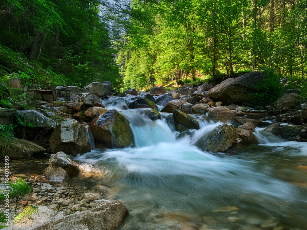 Poster serene forest stream flows over smooth rocks, sunlight dappling through lush green canopy. water cas
