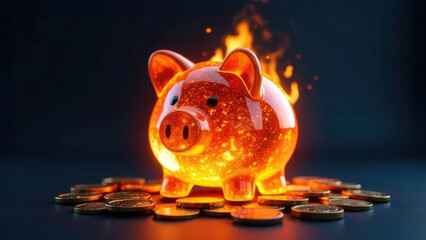 Burning piggy bank on gold coins on dark background. Concept Financial crisis, high interest rate, bankruptcy, investment failure, savings, inflation