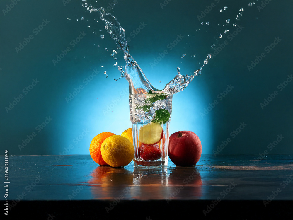 Poster refreshing fruit-infused water splashing in a glass. citrus slices and mint add a vibrant touch agai