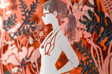 Obraz premium Minimalist Paper Cut Illustration of an Asian Woman with a Stethoscope Surrounded by Floral Elements, Highlighting a Modern and Simple Aesthetic