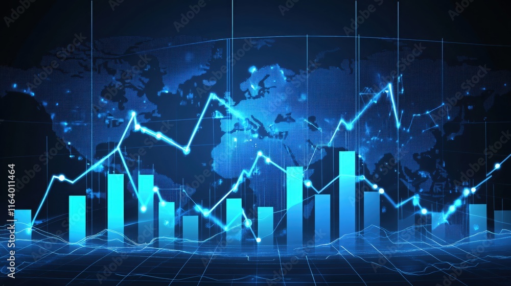Poster data visualization with graphs and charts on global financial background concept