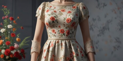 Elegant dress with floral patterns and subtle texture,  indie fashion, floral patterns,  soft focus