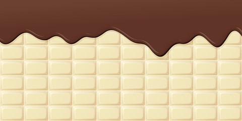 Melted chocolate pouring on white chocolate bar background graphic illustration.