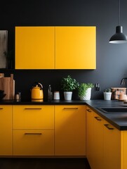 Modern Kitchen Featuring Yellow Cabinets and Dark Accents