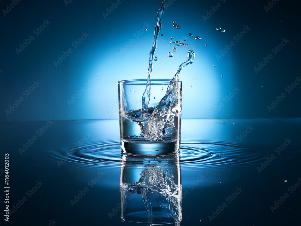 Leinwandbilder water splashing into a clear glass on a dark blue background, creating dynamic ripples and a mesmeri