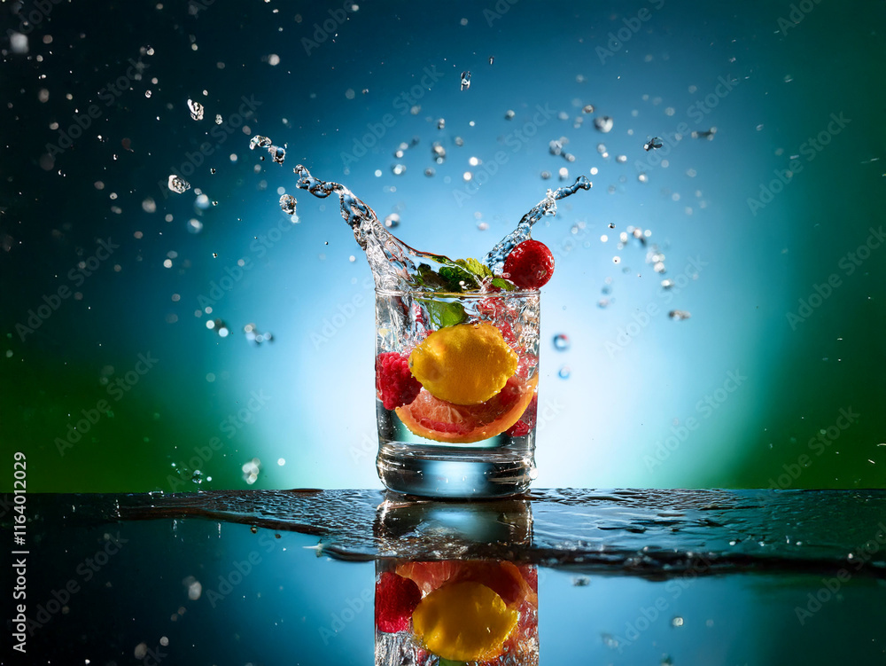 Aufkleber A refreshing glass of water with assorted fruits creating a vibrant splash. The image is set against a dark, moody background.  The reflection is visible on a wet surface.