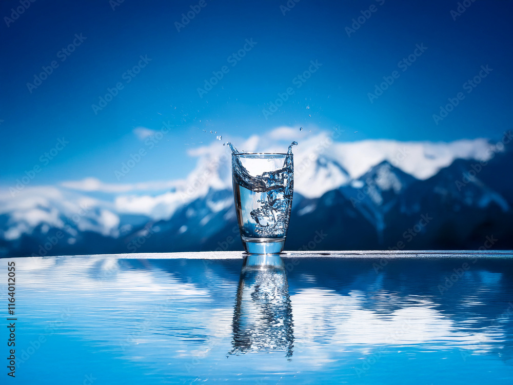 Poster A glass of ice water sits on a reflective surface with a majestic snow-capped mountain range in the background.  The water splashes as ice cubes drop in.