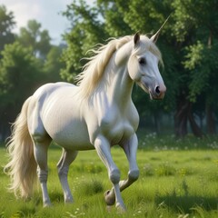 Obraz premium Elegant unicorn mare with flowing mane and tail in a lush green meadow, flowers, nature