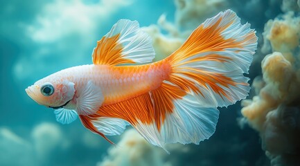 Halfmoon betta fish with orange and white fins swimming in an aquarium.