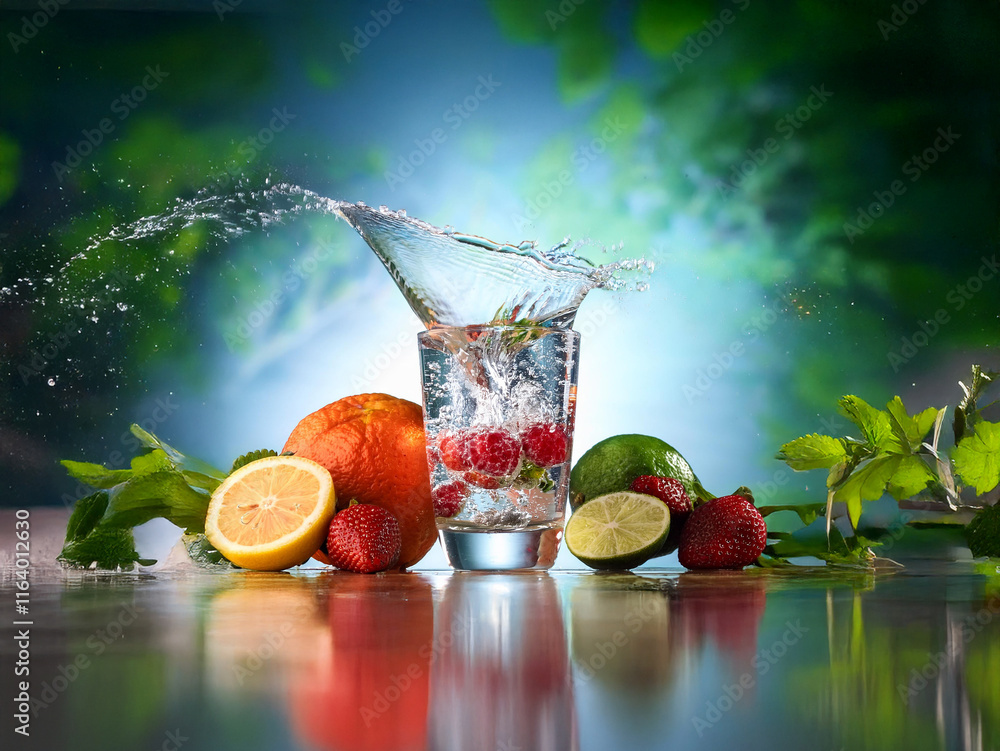 Poster Refreshing image of a glass of water with splashing effect, surrounded by vibrant citrus fruits and strawberries.  The scene evokes a feeling of summer and healthy refreshment.