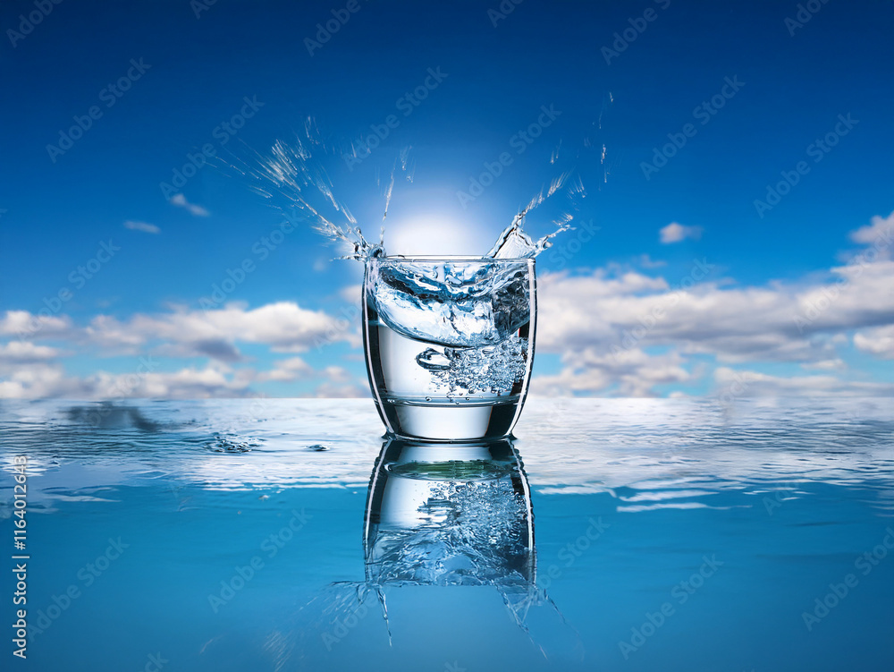 Poster a glass of water with ice cubes, splashing dynamically against a backdrop of a vibrant blue sky and 