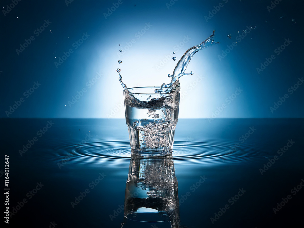 Poster A glass of water with ice cubes, splashed, creating dynamic ripples on a reflective blue surface.  The scene is dramatically lit, highlighting the water's movement.
