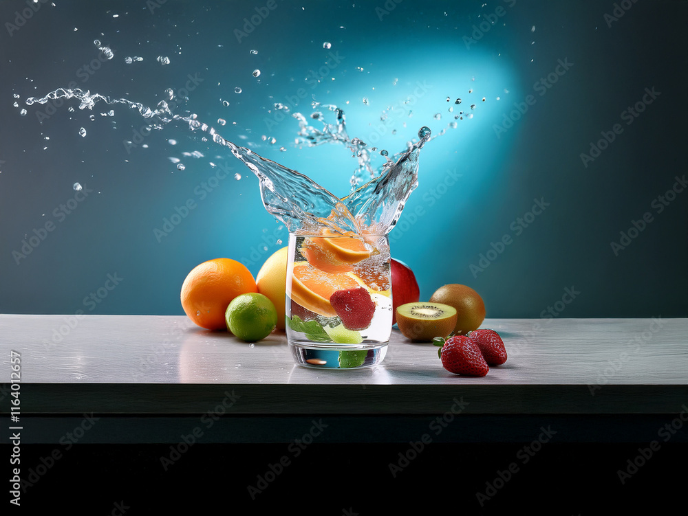Poster refreshing fruit-infused water splashes dramatically in a glass, surrounded by assorted colorful fru