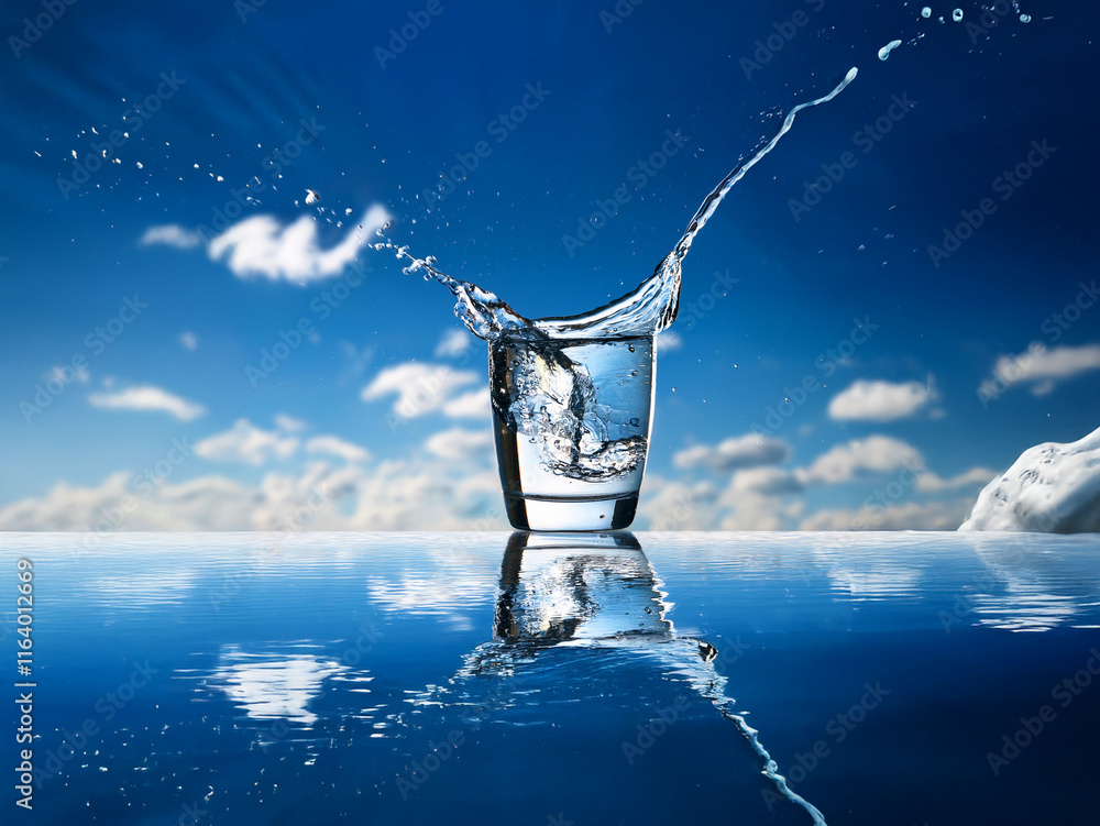 Aufkleber A glass of water with ice creates a splash against a vibrant blue sky and reflective surface.  The scene evokes feelings of refreshment and purity.