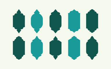 Traditional Arabic Islamic green arch shape border. Set of green Ramadan Frame designs. Eid Mubarak decorative patterns