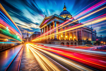 Fototapeta premium Vibrant cityscape with light trails and historic architecture at dusk