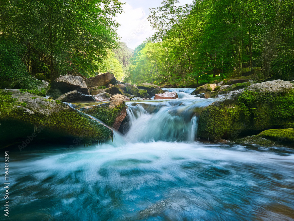 Poster Serene mountain stream flows over moss-covered rocks, sunlight dappling through lush green forest canopy.  The water is crystal clear and flows smoothly.